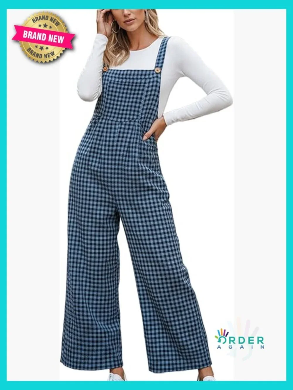 Square Neck Sleeveless Plaid Maxi Jumpsuit Wide Leg Loose Fit Casual Summer